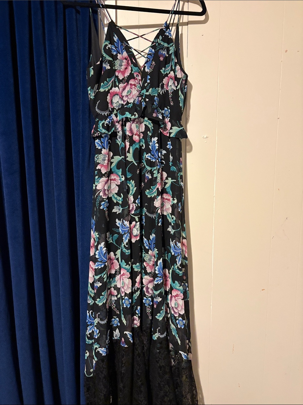 Express Black Floral Maxi Dress with Pink & Blue Flowers